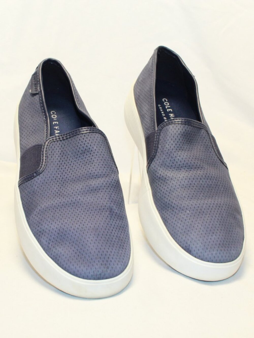 Cole Haan SZ 10.5B Navy Blue Grand OS Perforated Sueded Slip-On Platform Sneaker